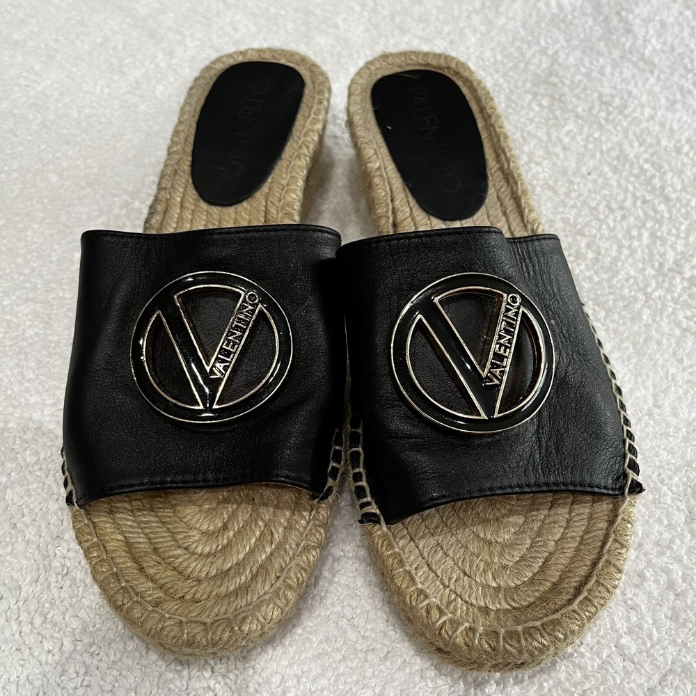 Valentino Garavani Black Leather Gold V Logo Espadrille Slide Sandals Womens 38